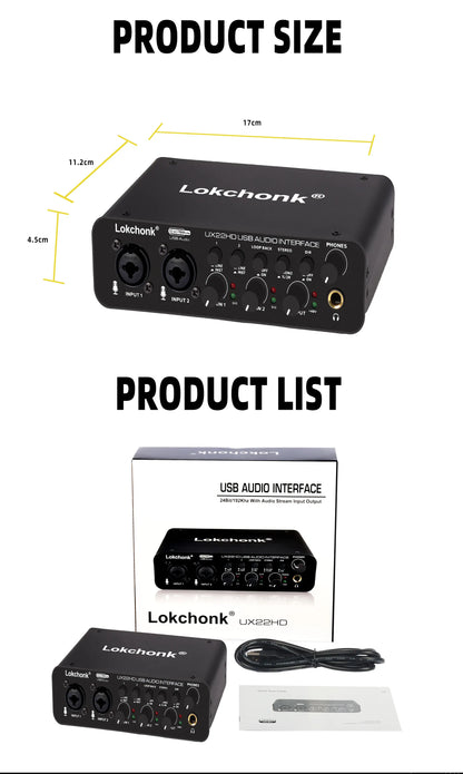 UX22 Audio Interface Sound Card 32-bit/192KHz AD Converter, Electric Guitar Live Recording Professional Studio Singing, Podcast