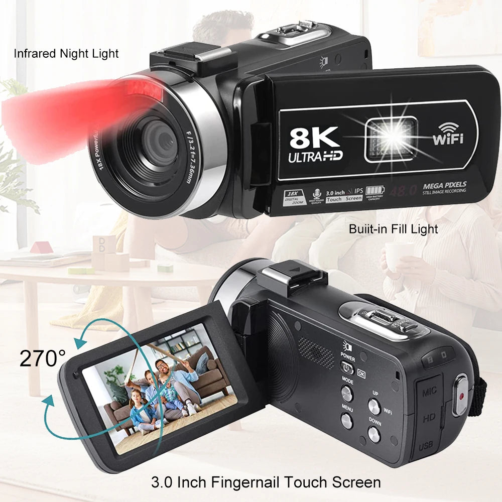 8K Digital Camera 3 Inch LCD Touch Screen 64MP 18x Digital Zoom Video Camera Recorder Ultra HD WIFI Portable Recording Camcorder