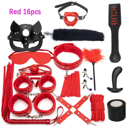 Sexy Leather BDSM Kits Plush Sex Bondage Set Handcuffs Sex Games Whip Gag Nipple Clamps Sex Toys For Couples Exotic Accessories