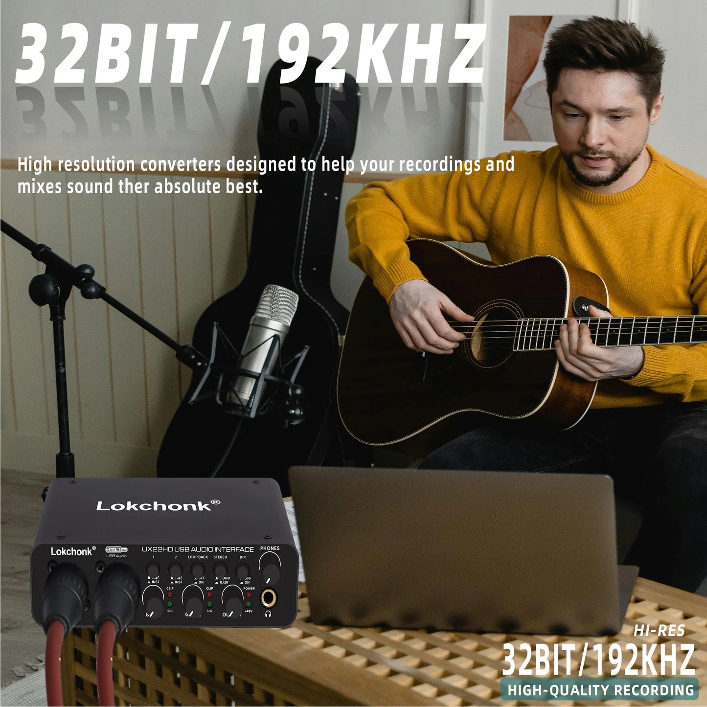 UX22 Audio Interface Sound Card 32-bit/192KHz AD Converter, Electric Guitar Live Recording Professional Studio Singing, Podcast