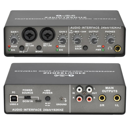 Professional 24Bit 192KHz Audio Interface 2 Input Sound Card for Guitar Loopback USB External Soundcard Studio PC Recording Q24