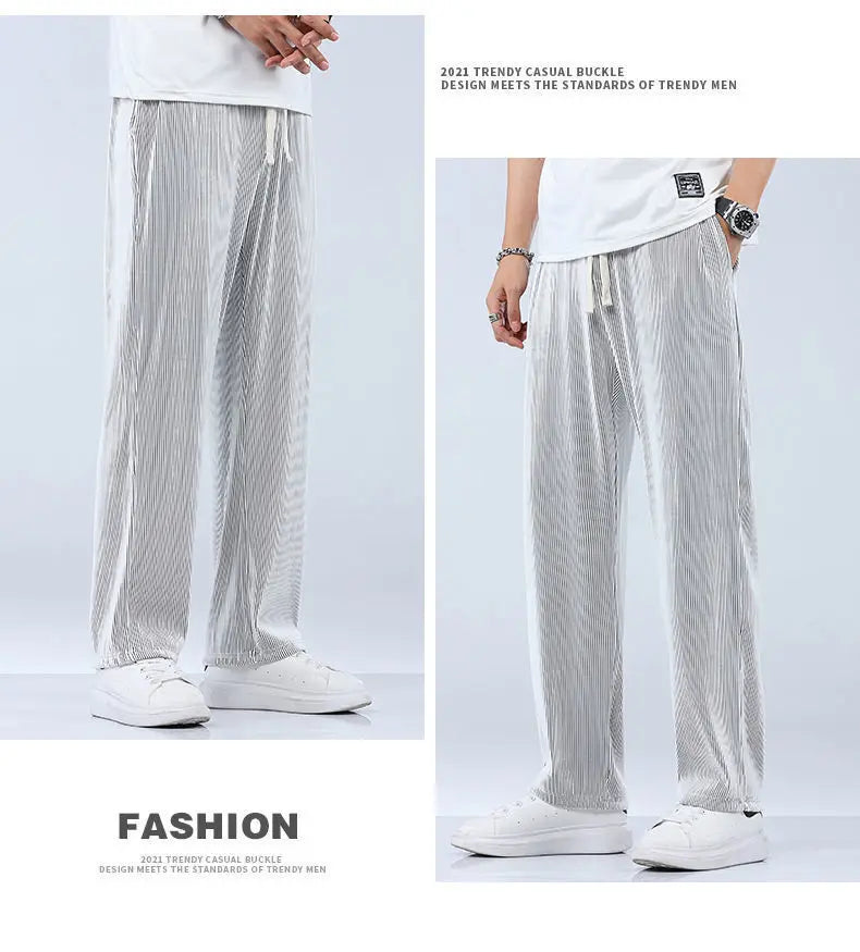 Summer Straight Pants Men's Loose Thin Section Drape Ice Silk Pants Wide Leg Sports Pants Casual Pants Fits 100kg