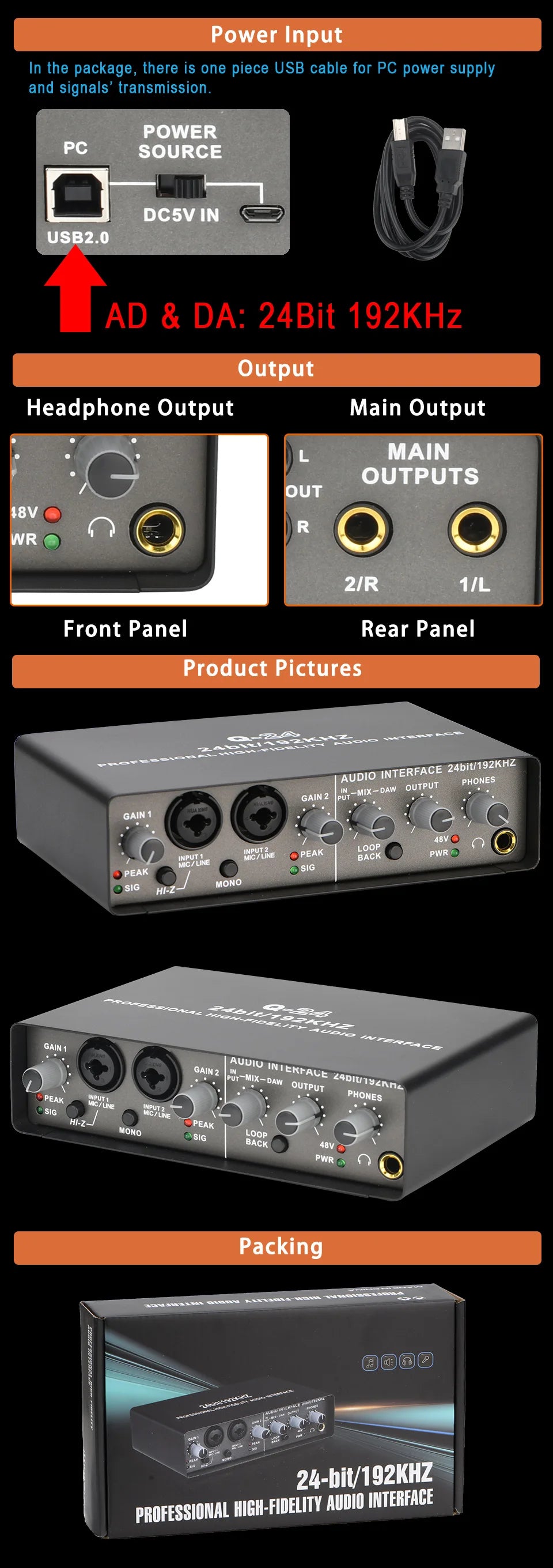 Professional 24Bit 192KHz Audio Interface 2 Input Sound Card for Guitar Loopback USB External Soundcard Studio PC Recording Q24