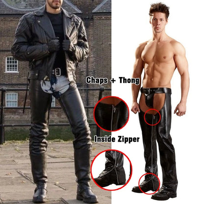 Men Cowboy Wetlook Pants With Thongs Leather Pants Sleeves Sexy Ass-less Chap Men Moto Pants Cool Outfits Stripper Adult Wear