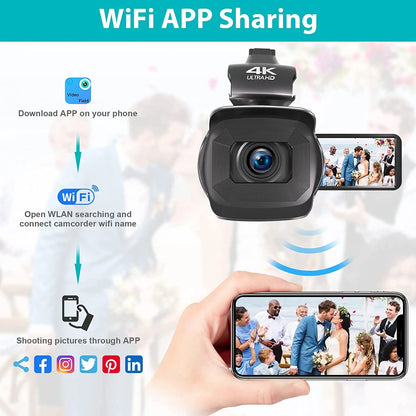 WIFI Camcorder 4K Video Camera 64MP 60FPS HD Auto Focus Vlogging 4.0" Touch Screen 18X Zoom for Live Streaming