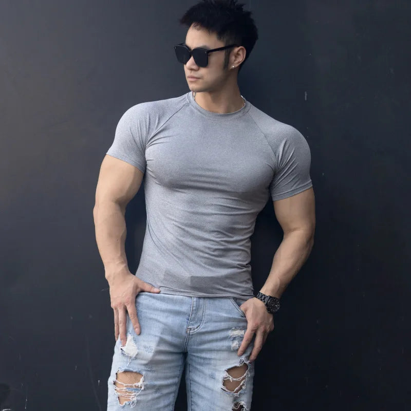 Gym Men's Summer Fitness Sports Casual Slim Men's T-shirt Short Sleeve Slim Muscle Outdoor Fashion Bodybuilding Tight Clothing