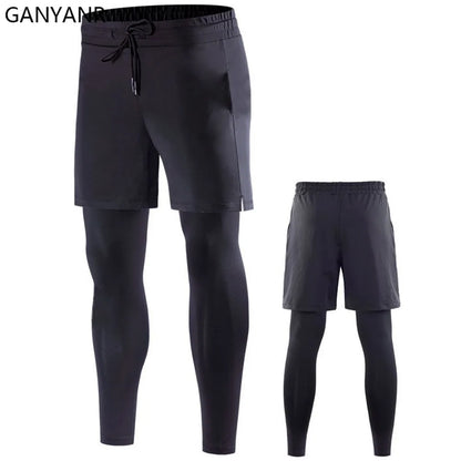 GANYANR Running Tights Men Fitness Training Track Suit Compression With Pockets winter Legging Cargo pants Sports gym 2in1 sport