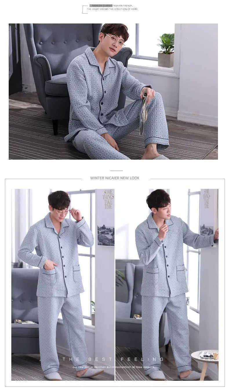 Fall & Winter Thicken Men's Pajama Sets Simple Warm Sleepwear Cotton Top Pant Leisure Outwear Soft Plus Size Loungewear 2024