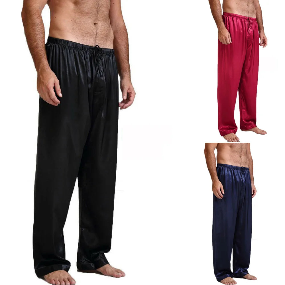 Men's Imitated Silk Pyjamas Pants Sleeping Bottoms Nightwear Sleepwear Trousers Lace-up Elastic Waist Loose Casual Home Clothes