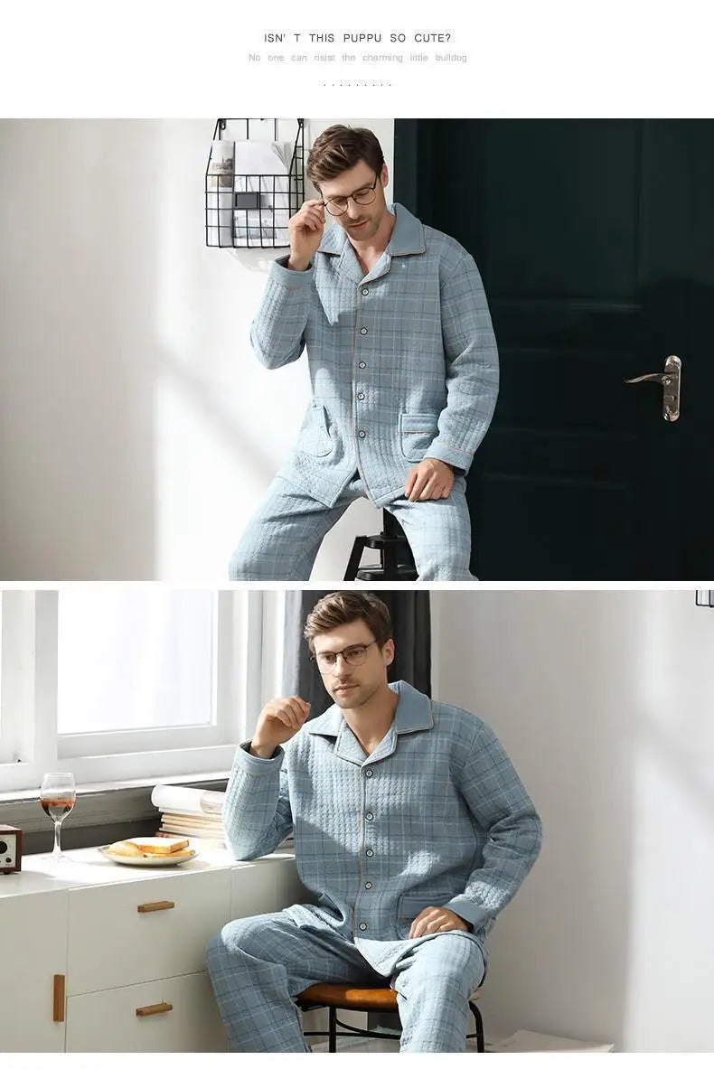 Fall & Winter Thicken Men's Pajama Sets Simple Warm Sleepwear Cotton Top Pant Leisure Outwear Soft Plus Size Loungewear 2024