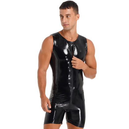 Mens Black Tank Sleeveless Zipper Patent Leather Glossy Round Neck Sleeveless Jumpsuits Club Stage Performance Costume Bodysuit