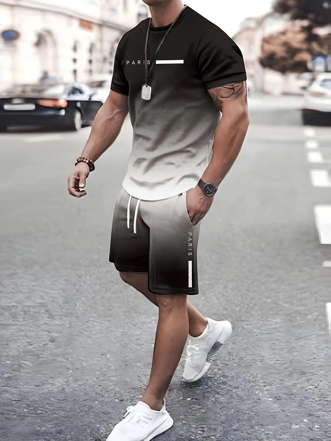 2 Piece Men's Fashion Summer Resort Clothing Set, Men's Gradient Short Sleeve T-Shirt and Pocket Drawstring Shorts Set