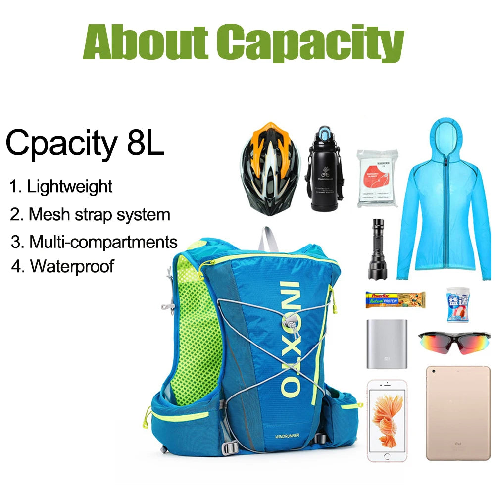 8L Running Hydration Vest Backpack Outdoor Sport Running Backpack Trail Marathon Jogging Hiking Backpack Option Water Bag Flask