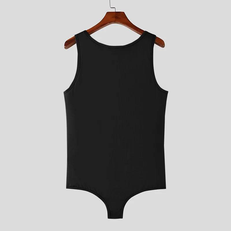 INCERUN 2023 Summer Men Bodysuits Solid O-neck Sleeveless Button Up Rompers Pajamas Skinny Sexy Male Bodysuit Underwear S-5XL 7