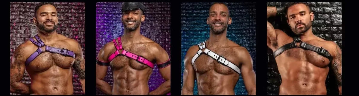 Men's Leather Tri Harness Chest Armor Buckles Adjustable Size Jockstrap Gay Costume.Adjustable Left and Right Shoulders