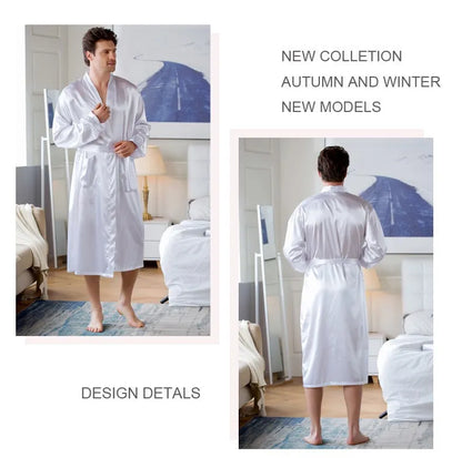 Plus Size Male Sleepwear Kimono Bath Robe Gown Gray Long Sleeve V-Neck Nightwear with Belt Pocket Spring Summer Men Home Clothes