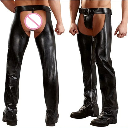 Men Cowboy Chaps Pants with Thongs Leather Pants Sleeves Sexy Backless Chap for Men Moto Pants Cool Outfits Stripper Adult Wear