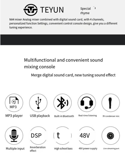 4-way Small Mixer Mobile Phone Sound Card Professional Live Broadcast Mixer Recording Equipment Bluetooth Digital Audio Mixer