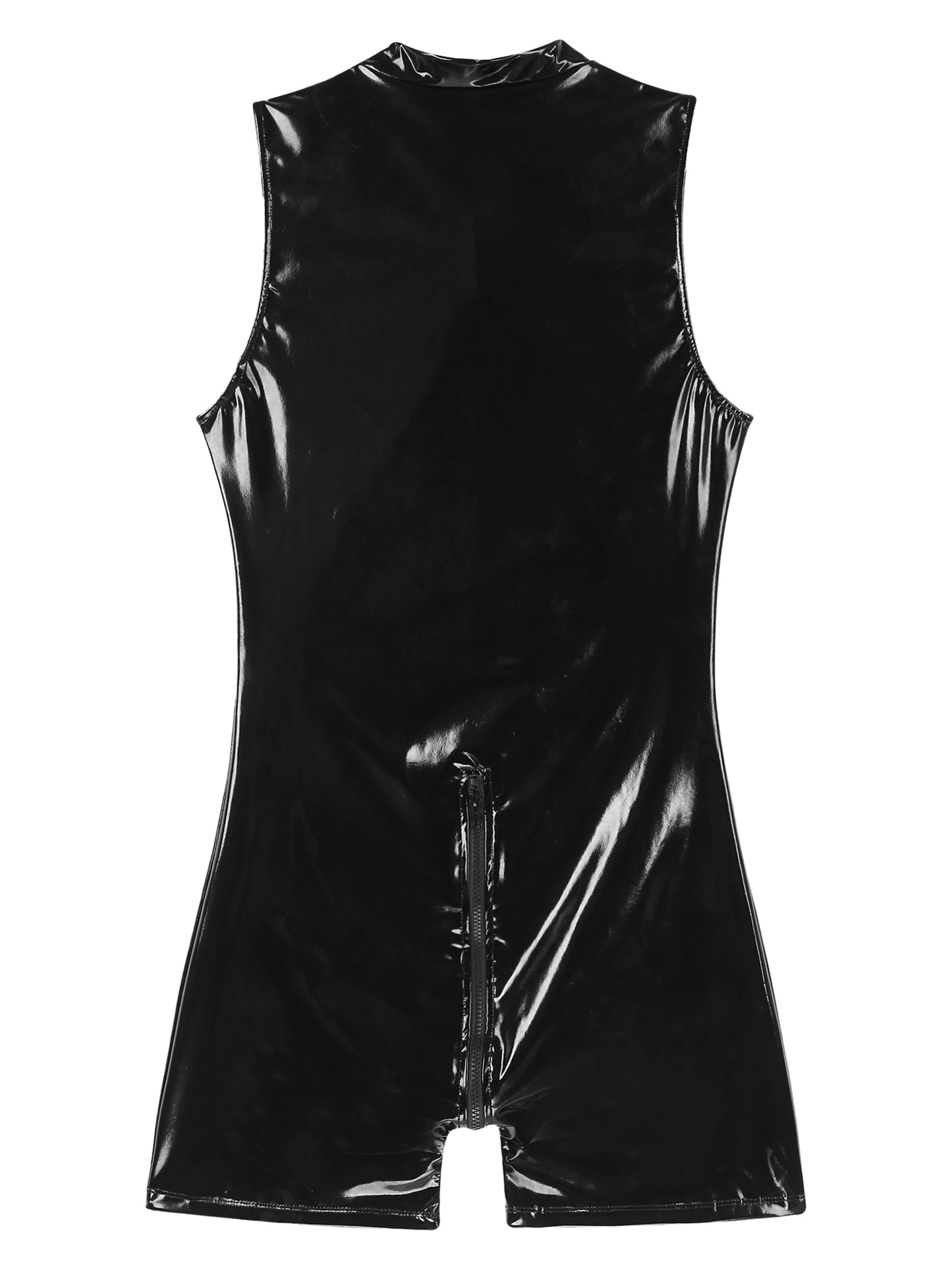 Mens Wet Look Zipper Bodysuit One Piece Patent Leather Sleeveless Jumpsuits Rave Pole Dancing Stage Performance Costume Clubwear