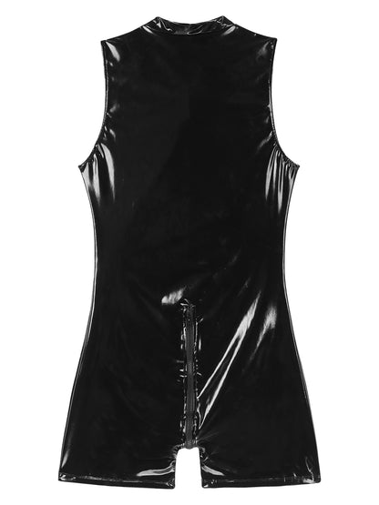 Mens Wet Look Zipper Bodysuit One Piece Patent Leather Sleeveless Jumpsuits Rave Pole Dancing Stage Performance Costume Clubwear