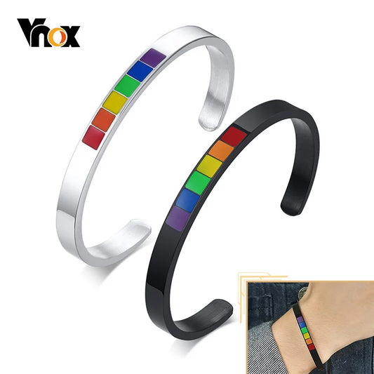 Vnox Stylish Rainbow Color Cuff Bangle Bracelets for Men Women Jewelry Stainless Steel Pink LGBT Pride Gifts Accessory