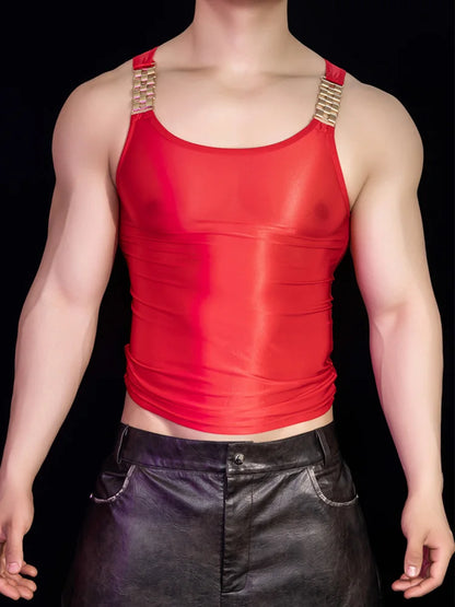 Sexy Men Oil Glossy Shiny Tank Tops Stain Smooth Strap Vest Sheer See Through Fashion Top High Elastic Sleeveless Shirt