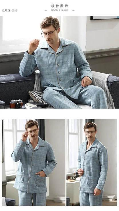 Fall & Winter Thicken Men's Pajama Sets Simple Warm Sleepwear Cotton Top Pant Leisure Outwear Soft Plus Size Loungewear 2024