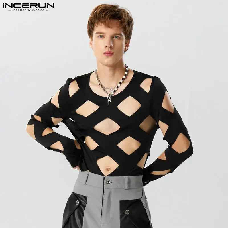 INCERUN Men Bodysuits Solid Color Hollow Out Sexy O-neck Long Sleeve Men T Shirts Rompers Streetwear 2024 Fashion Bodysuit S-3XL