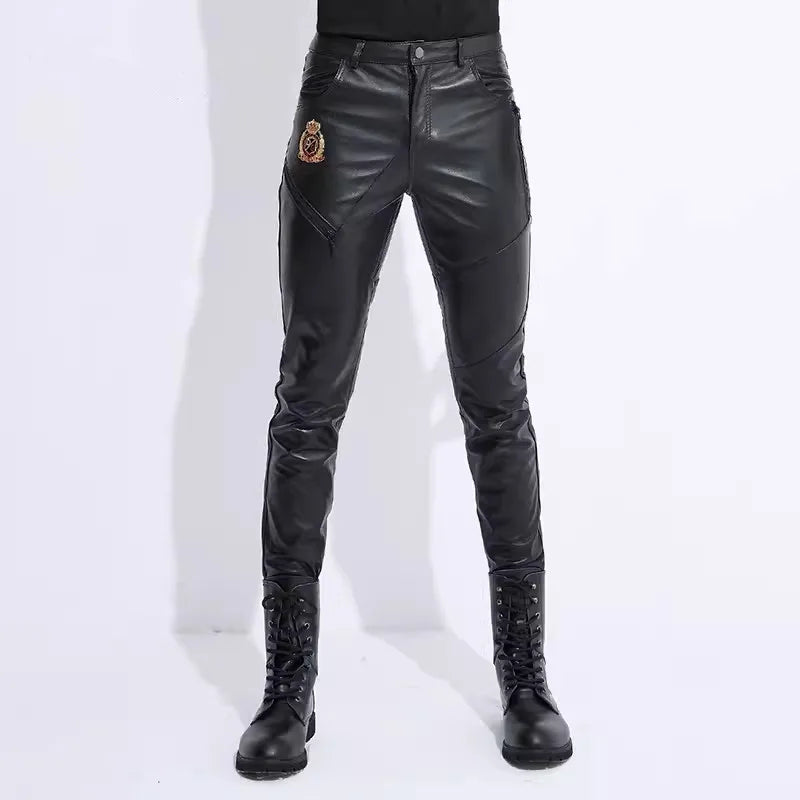 Men's Motorcycle Windproof Leather Pants, Warm Knight Pants, Slim, Cool, Sheepskin, Autumn, Winter