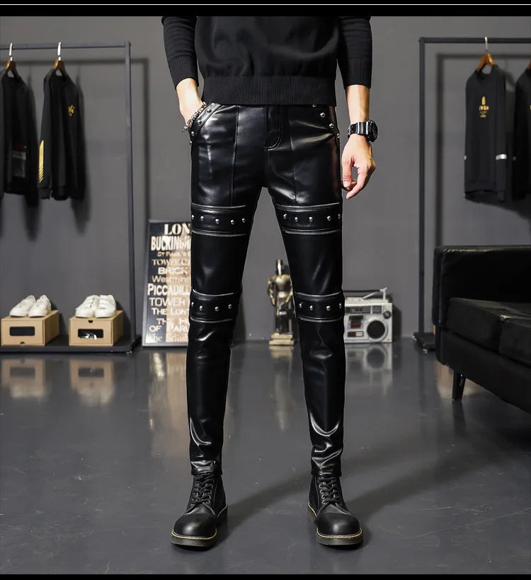 2024 New Winter Spring Mens Skinny Biker Leather Pants Fashion Faux Leather Motorcycle Trousers for Male Trouser Stage Club Wear