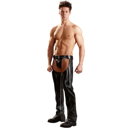 Faux Leather Fetish Gay Open Crotch Chaps Sexy Latex Men Wetlook Wear Sissy Lingerie Crotchless Pants with Thongs for Man