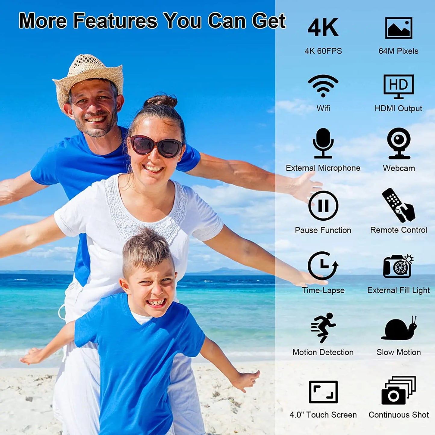 WIFI Camcorder 4K Video Camera 64MP 60FPS HD Auto Focus Vlogging 4.0" Touch Screen 18X Zoom for Live Streaming