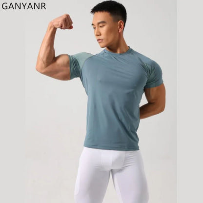 GANYANR Running T-Shirt Man Short Sleeve Fitness Compression Sports Active Wear Sportswear Gym Training Quick Dry Tee Jogging