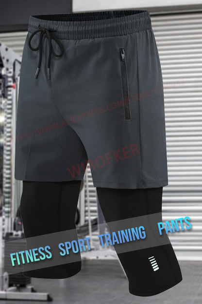 Men Sport 2 In 1 Cropped Pants Compression Running Pants Zipper Pocket Quick Dry Training Fake Two-piece Tight Leggings Pants