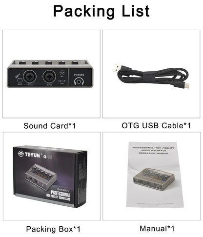 TEYUN Audio Interface 2 Channel 48V Diver-Free Computer Record Electric Guitar Echo Effects PC Recording External Sound Card Q16