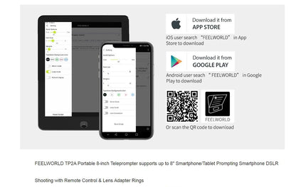FEELWORLD TP2 Portable 8-inch Teleprompter Supports up to 8" Smartphone/DSLR Shooting with Bluetooth Control Lens Adapter Rings