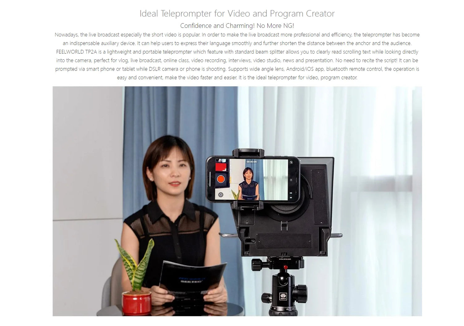 FEELWORLD TP2 Portable 8-inch Teleprompter Supports up to 8&quot; Smartphone/DSLR Shooting with Bluetooth Control Lens Adapter Rings