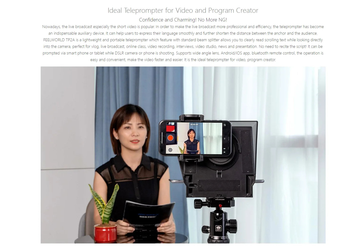 FEELWORLD TP2 Portable 8-inch Teleprompter Supports up to 8&quot; Smartphone/DSLR Shooting with Bluetooth Control Lens Adapter Rings