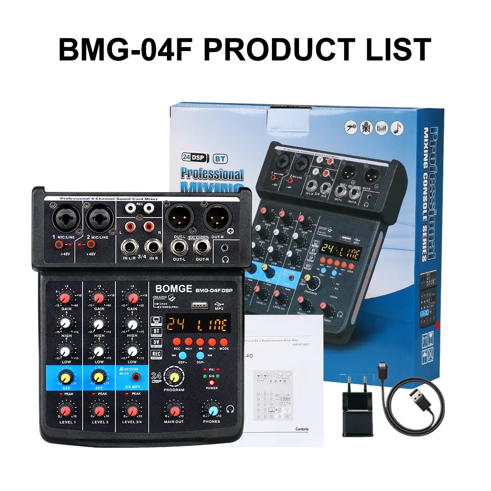 4 Channels Audio Sound Mixer Mixing DJ Console USB with 48V Phantom Power 16 DSP Effects