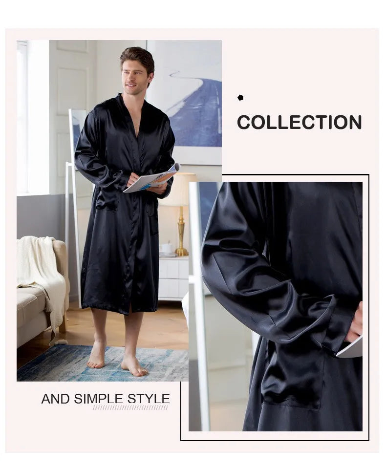 Plus Size Male Sleepwear Kimono Bath Robe Gown Gray Long Sleeve V-Neck Nightwear with Belt Pocket Spring Summer Men Home Clothes