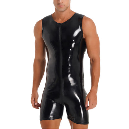 Mens Black Tank Sleeveless Zipper Patent Leather Glossy Round Neck Sleeveless Jumpsuits Club Stage Performance Costume Bodysuit