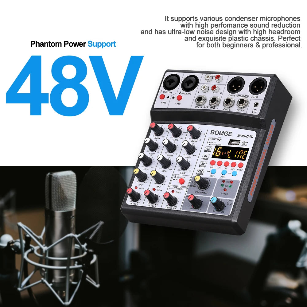 4 Channels Audio Sound Mixer Mixing DJ Console USB with 48V Phantom Power 16 DSP Effects