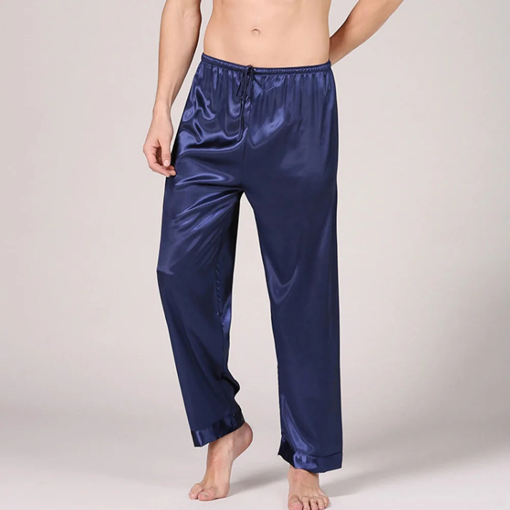 Men's Imitated Silk Pyjamas Pants Sleeping Bottoms Nightwear Sleepwear Trousers Lace-up Elastic Waist Loose Casual Home Clothes