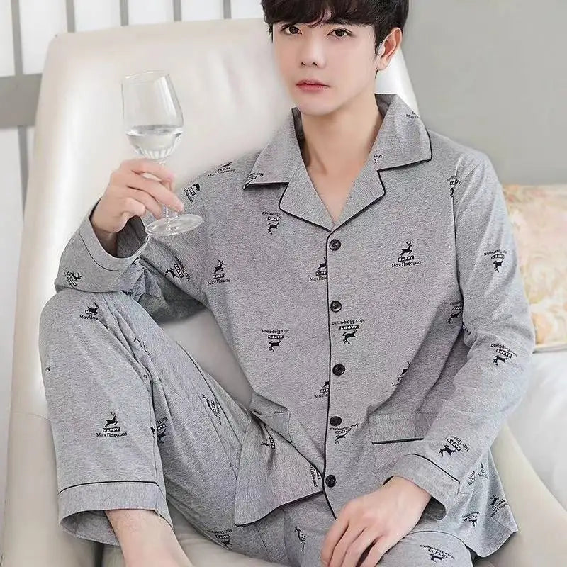 Men's Spring And Fall Cotton Pajamas Long-Sleeved Cotton Home Wear Casual Outwear Big Yards Boys Home Wear Suit