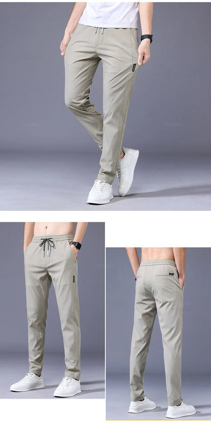 2024 Men's Trousers Spring Summer New Ultrathin Green Solid Color Fashion Pocket Applique Full Length Casual Work Pants Pantalon