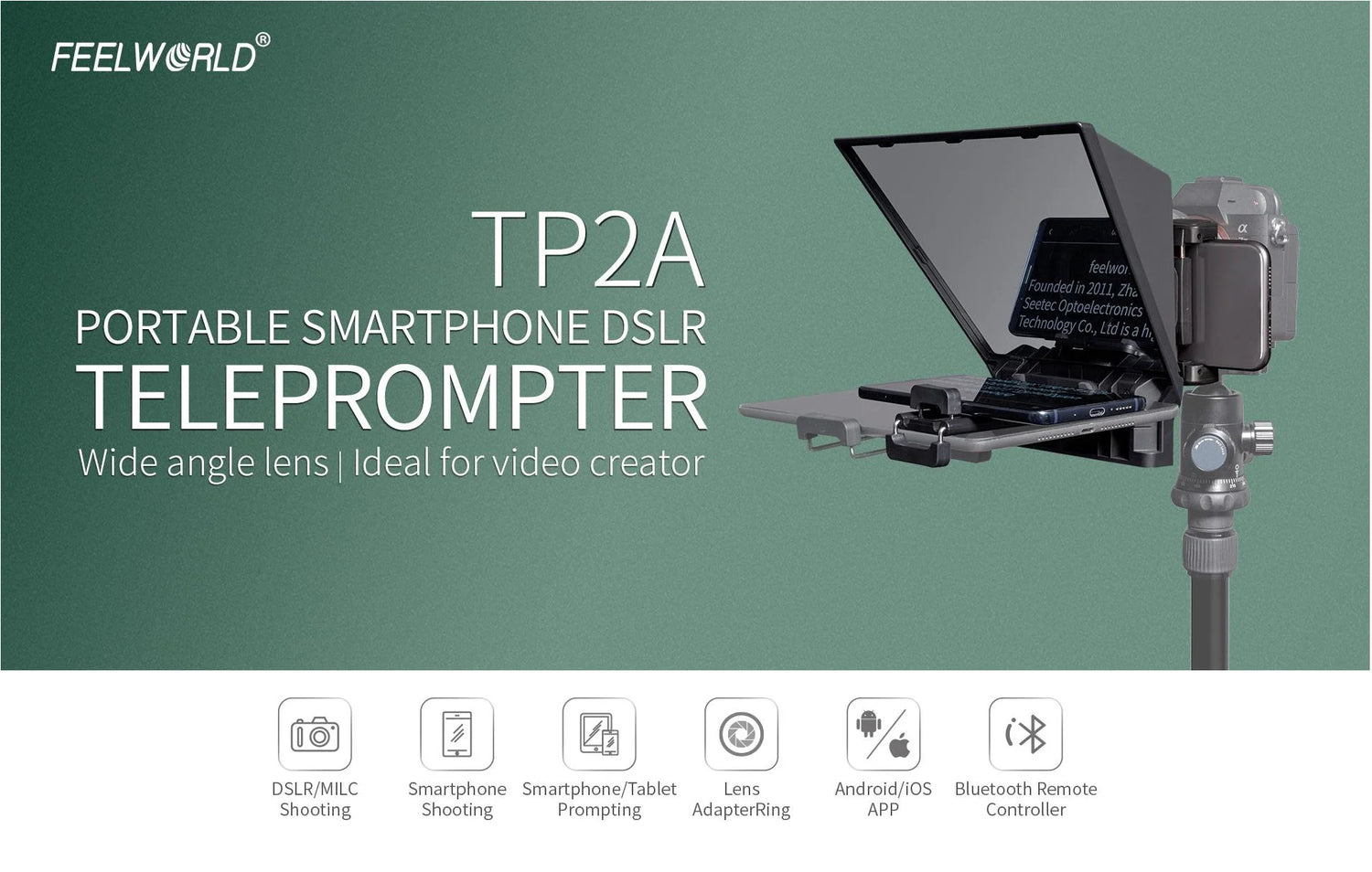 FEELWORLD TP2 Portable 8-inch Teleprompter Supports up to 8&quot; Smartphone/DSLR Shooting with Bluetooth Control Lens Adapter Rings