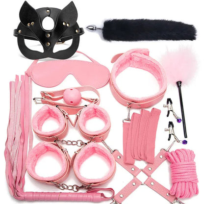 Sexy Leather BDSM Kits Plush Sex Bondage Set Handcuffs Sex Games Whip Gag Nipple Clamps Sex Toys For Couples Exotic Accessories