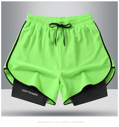 New Men's Double Running Fitness Beach Jogging Shorts Solid Color Ice Silk Quick Drying Casual Shorts Drawstring Shorts