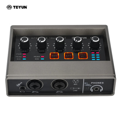 TEYUN Audio Interface 2 Channel 48V Diver-Free Computer Record Electric Guitar Echo Effects PC Recording External Sound Card Q16