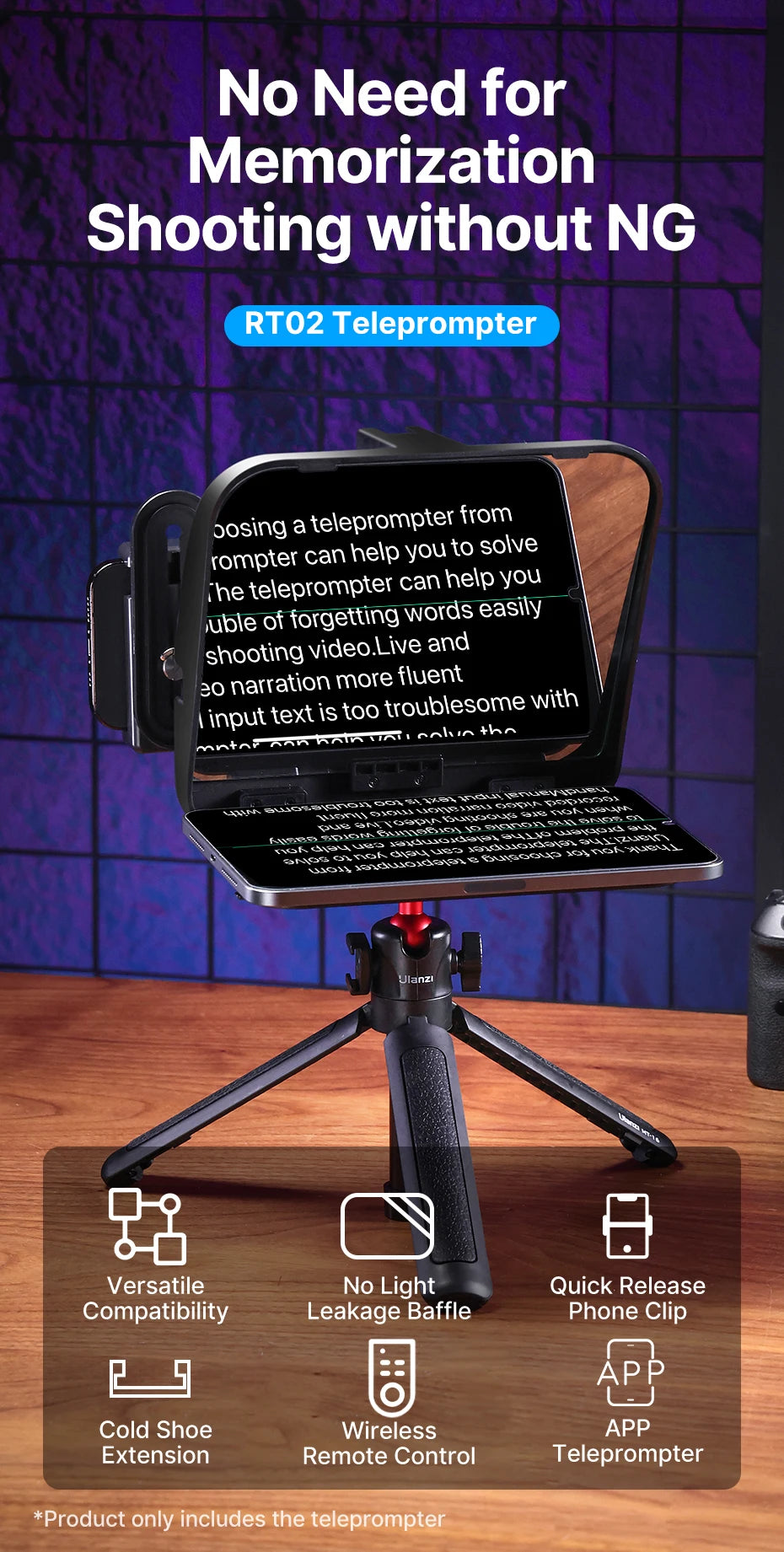 Ulanzi RT02 Universal Teleprompter Prompter DSLR Camera Smartphone Tablet Laptop Teleprompter Live Streaming Video Recording